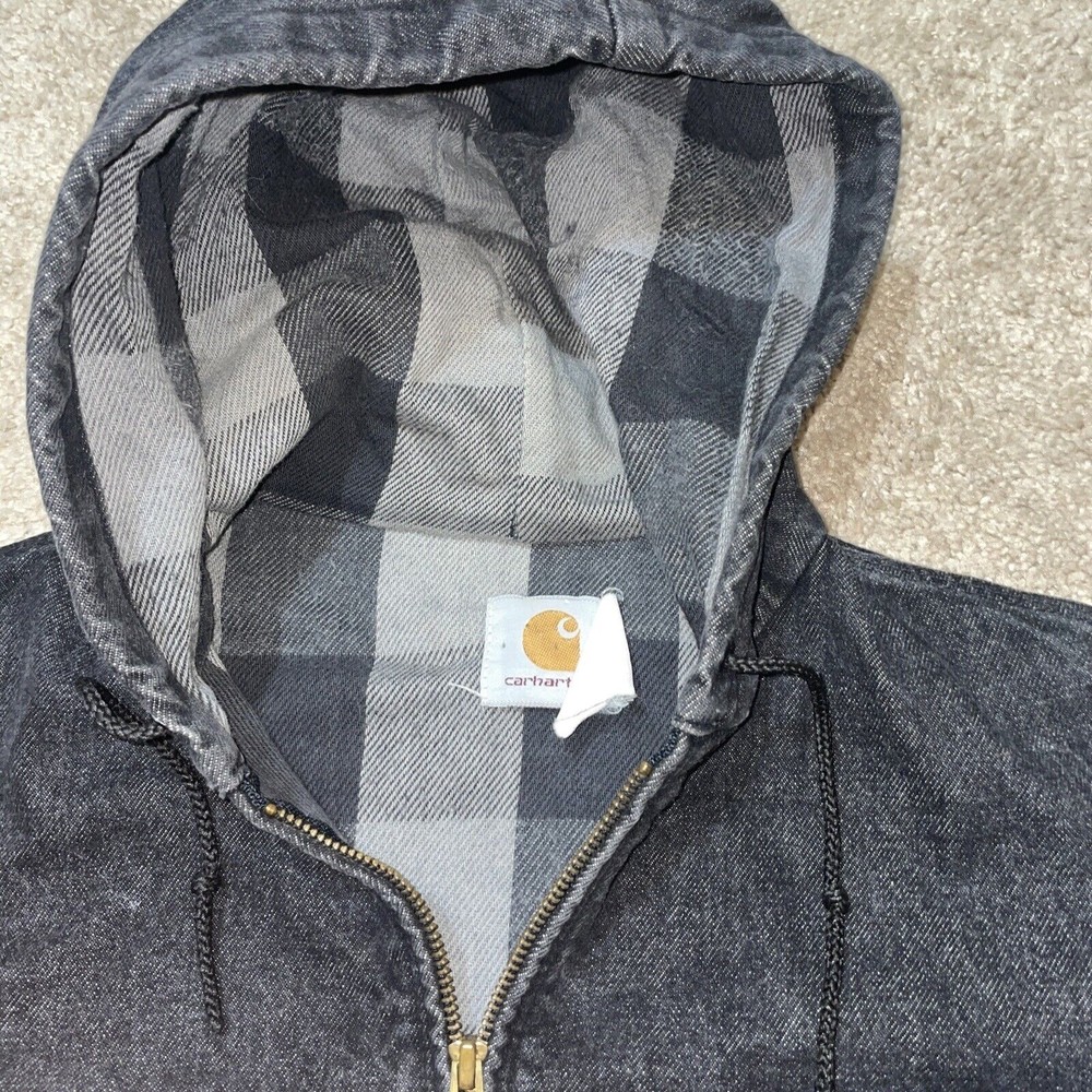 Vintage Carhartt Black Denim Jean Jacket Hoodie Plaid Lining JF885 Size Large - Picture 2 of 5
